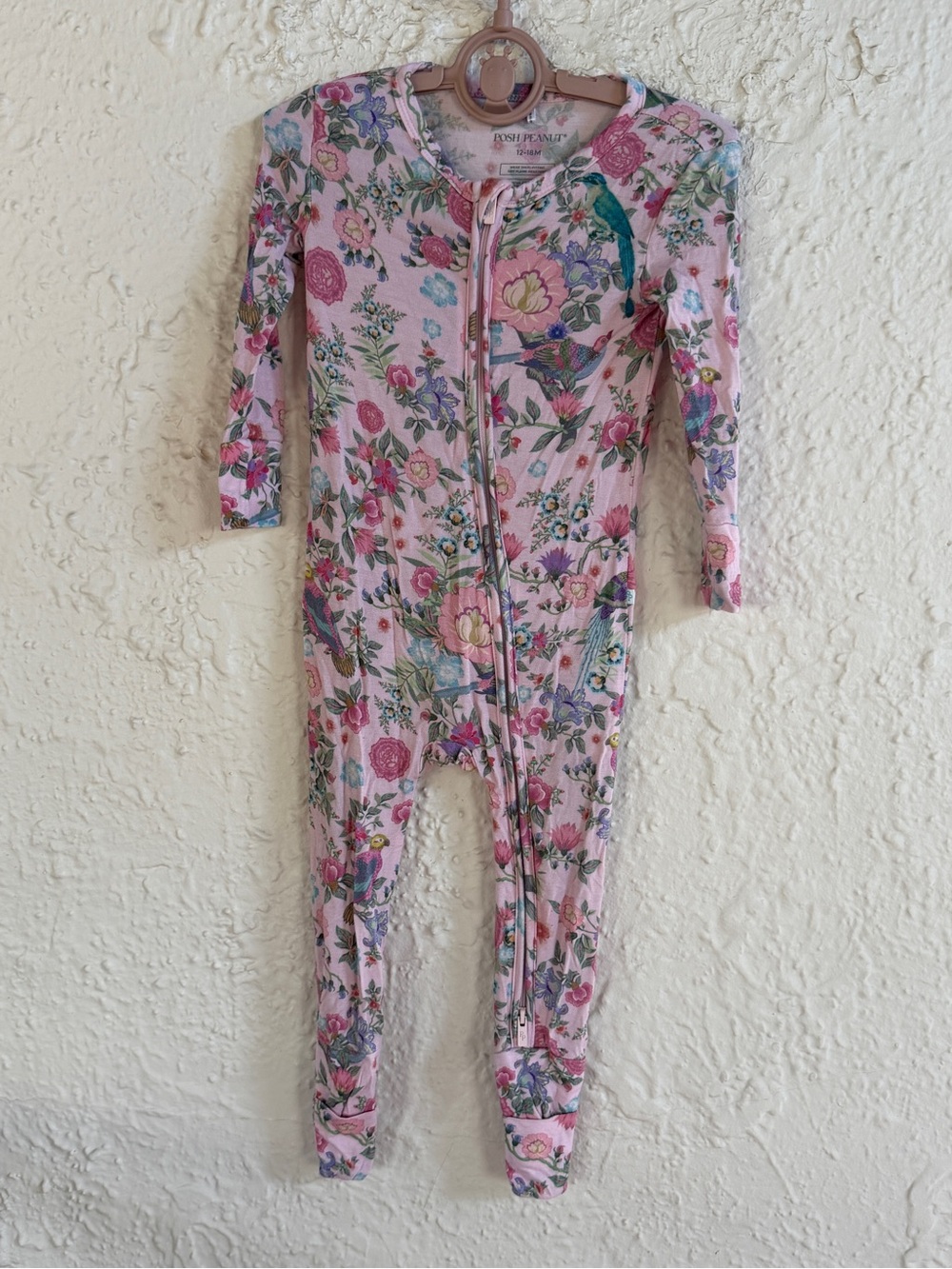 Like new. Posh Peanut Pink Floral One-Piece Pajamas, 12-18 months.